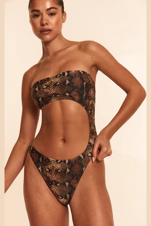 PRETTYLITTLETHING Snake Print Bandeau Cut Out Swimsuit