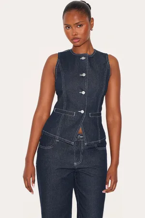 PRETTYLITTLETHING Raw Indigo Round Neck Longline Denim Waistcoat