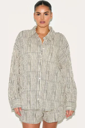 PRETTYLITTLETHING Plus Striped Linen Long Sleeve Shirt