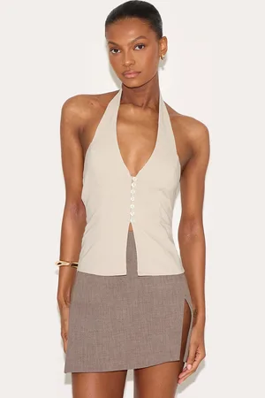 PRETTYLITTLETHING Stone Bengaline Button Up Halterneck Long Top