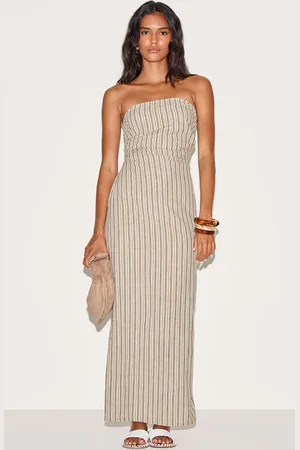 PRETTYLITTLETHING Stone Striped Bandeau Ruched Midaxi Dress