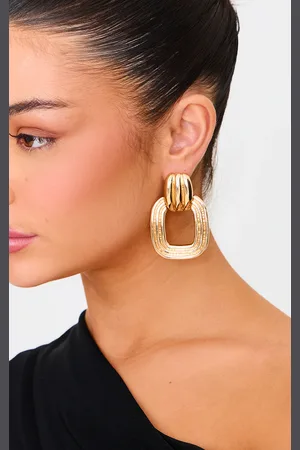PRETTYLITTLETHING Gold Ribbed Hoop Door Knocker Earrings