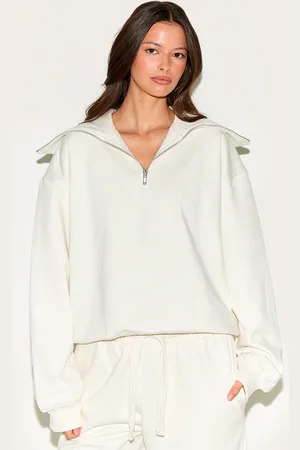 PRETTYLITTLETHING Cream Premium Loopback Quarter Zip Foldover Sweatshirt