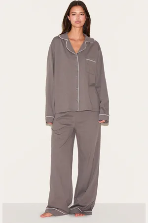 PRETTYLITTLETHING Charcoal Jersey Piping Long Pj Set