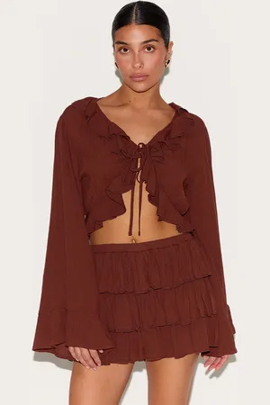 PRETTYLITTLETHING Petite Cheesecloth Ruffle Tie Front Long Sleeve Top