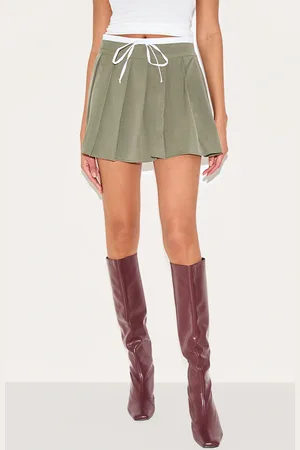 PRETTYLITTLETHING Khaki Drawstring Double Waistband Tailored Pleated Mini Skirt