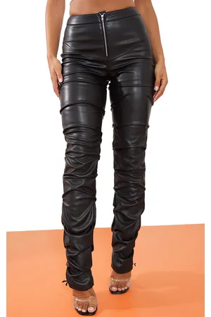PRETTYLITTLETHING Faux Leather Zip Front Ruched Detail Skinny Trousers