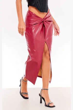 PRETTYLITTLETHING Burgundy Faux Leather Twist Detail Front Midi Skirt