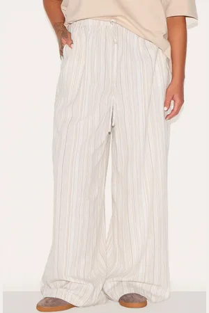 PRETTYLITTLETHING Plus Beige Pinstripe Printed Drawstring Waist Slouchy Trousers
