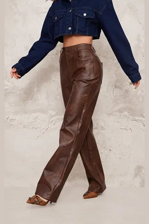 PRETTYLITTLETHING Washed Faux Leather Straight Leg Trousers