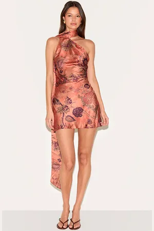 PRETTYLITTLETHING Floral Printed Satin Scarf Detail Bodycon Dress