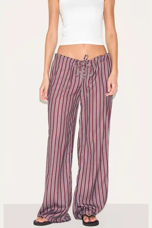 PRETTYLITTLETHING Burgundy Striped Thin Waistband Wide Leg Trousers