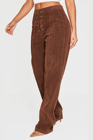 PRETTYLITTLETHING Petite Faux Suede Lace Up Wide Leg Trousers