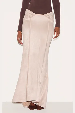 PRETTYLITTLETHING Stone Faux Suede Ruching Waist Detail Maxi Skirt