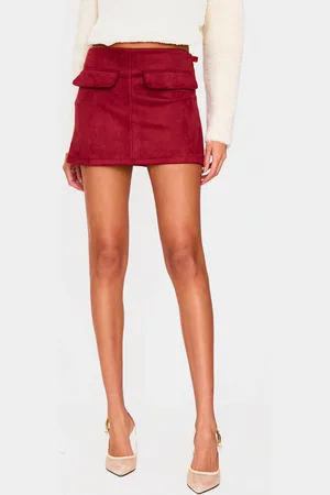 PRETTYLITTLETHING Burgundy Faux Suede Pocket Front Mini Skirt