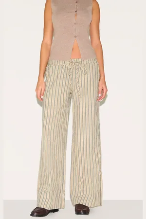 PRETTYLITTLETHING Stone Pinstripe Cotton Low Rise Wide Leg Trousers