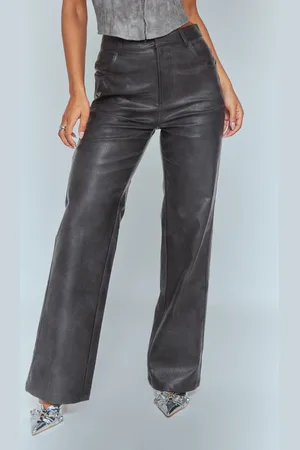 PRETTYLITTLETHING Washed Faux Leather Straight Leg Trousers
