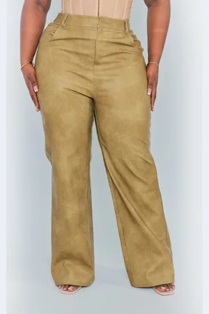 PRETTYLITTLETHING Plus Olive Washed Faux Leather Straight Leg Trousers