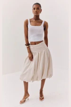 PRETTYLITTLETHING Stone Cotton Volume Puffball Midi Skirt