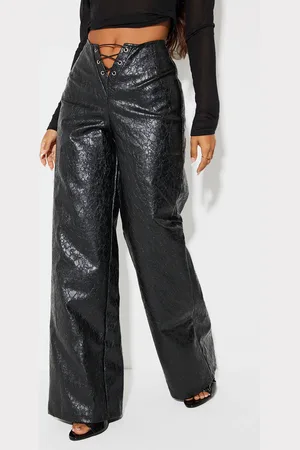 PRETTYLITTLETHING Petite Faux Leather Cracked Effect Lace Up Wide Leg Trousers