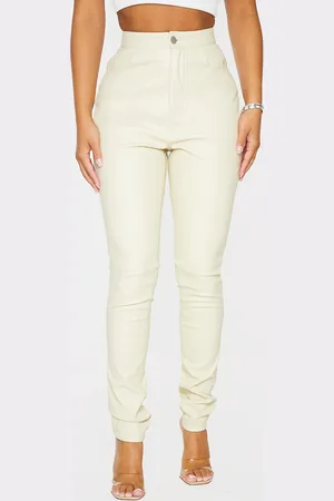 PRETTYLITTLETHING Petite Cream Button Up Faux Leather Skinny Trousers