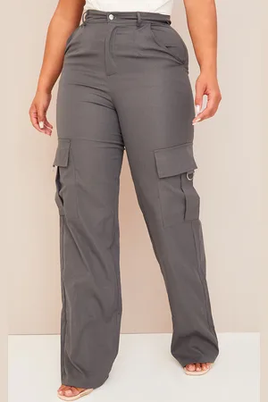 PRETTYLITTLETHING Shape Charcoal Buckle Detail Cargo Wide Leg Trousers