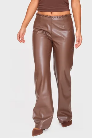 PRETTYLITTLETHING Petite Faux Leather Lace Up Straight Leg Trousers