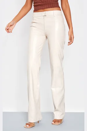 PRETTYLITTLETHING Tall Cream Faux Leather Low Rise Textured Straight Leg Trousers
