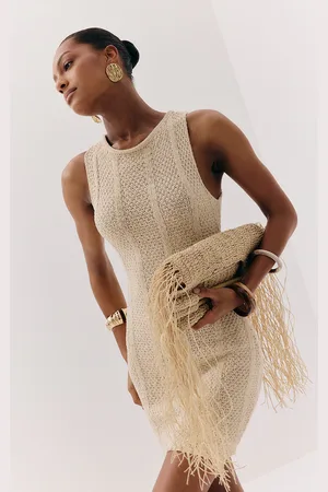 PRETTYLITTLETHING Textured Filigree Knit Boat Neck Mini Dress