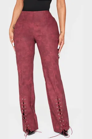 PRETTYLITTLETHING Shape Burgundy Faux Leather Lace Up Flare Trousers