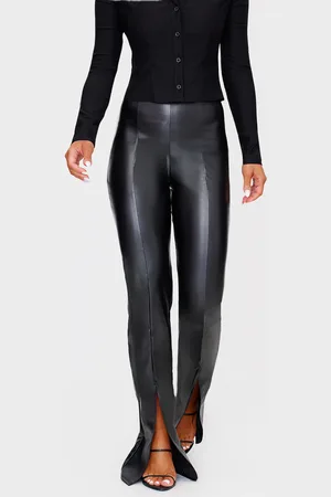 PRETTYLITTLETHING Faux Leather Seam Detail Split Hem Trousers