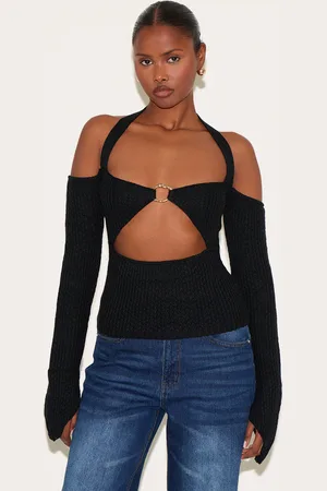 PRETTYLITTLETHING Bardot Halterneck Gold Trim Cross Stitch Knitted Top