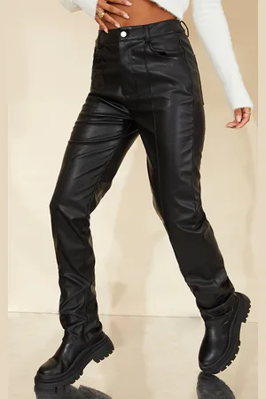 PRETTYLITTLETHING Faux Leather Button Straight Leg Trousers