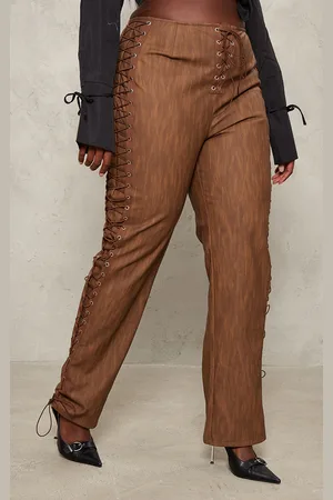 PRETTYLITTLETHING Plus Premium Washed Faux Leather Lace Up Side Low Rise Trousers