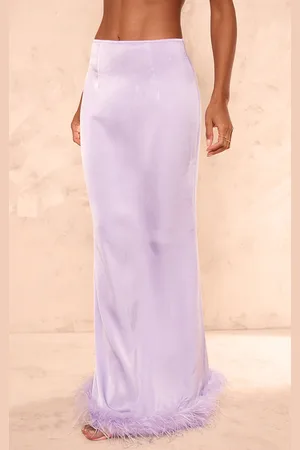 PRETTYLITTLETHING Lilac Feather Trim Satin Maxi Skirt