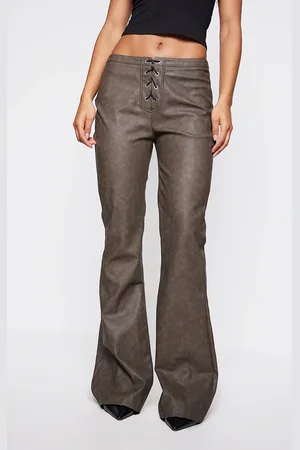 PRETTYLITTLETHING Faux Leather Lace Up Detail Low Rise Straight Leg Trousers