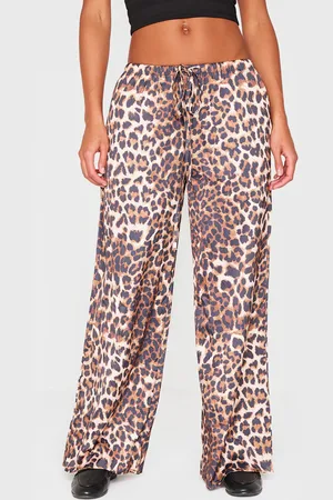 PRETTYLITTLETHING Leopard Premium Satin Low Rise Wide Leg Drawstring Trousers