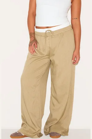 PRETTYLITTLETHING Plus Olive Pinstripe Print Button Front Straight Leg Trousers