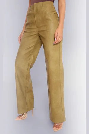 PRETTYLITTLETHING Premium Olive Washed Faux Leather Straight Leg Trousers