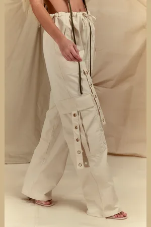 PRETTYLITTLETHING Cream Ring Detail Drawstring Cargo Trousers