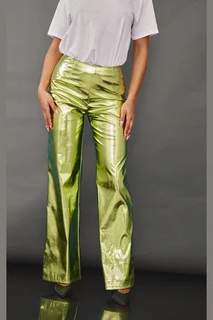 PRETTYLITTLETHING Lime Metallic Faux Leather Straight Leg Trousers