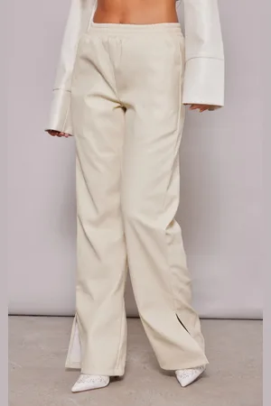 PRETTYLITTLETHING Cream Faux Leather Elasticated Waist Straight Leg Trousers