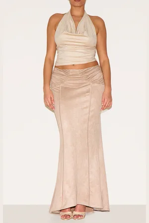 PRETTYLITTLETHING Plus Stone Faux Suede Ruching Waist Detail Maxi Skirt