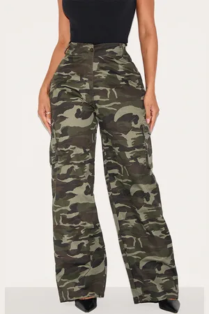 PRETTYLITTLETHING Shape Khaki Camo Print Pocket Detail Wide Leg Cargo Trousers