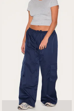 PRETTYLITTLETHING Plus Navy Drawstring Cargo Pocket Detail Straight Leg Trousers