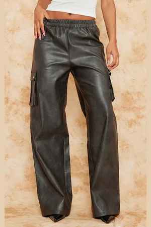 PRETTYLITTLETHING Premium Washed Faux Leather Wide Leg High Waisted Cargo Trousers