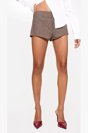 PRETTYLITTLETHING Mocha Tweed Textured High Waist Woven Tailored Shorts