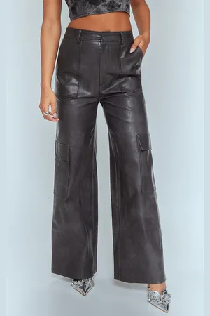 PRETTYLITTLETHING Washed Faux Leather Pocket Wide Leg Cargo Trousers