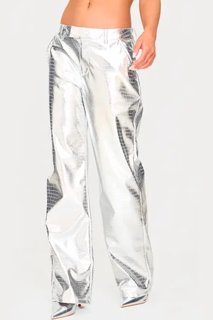 PRETTYLITTLETHING Silver Metallic Crocodile Faux Leather Trousers