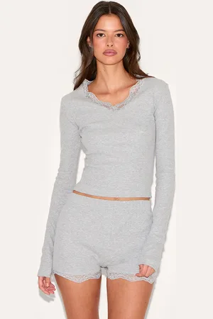 PRETTYLITTLETHING Lace Trim Long Sleeve Top and Short PJ Set